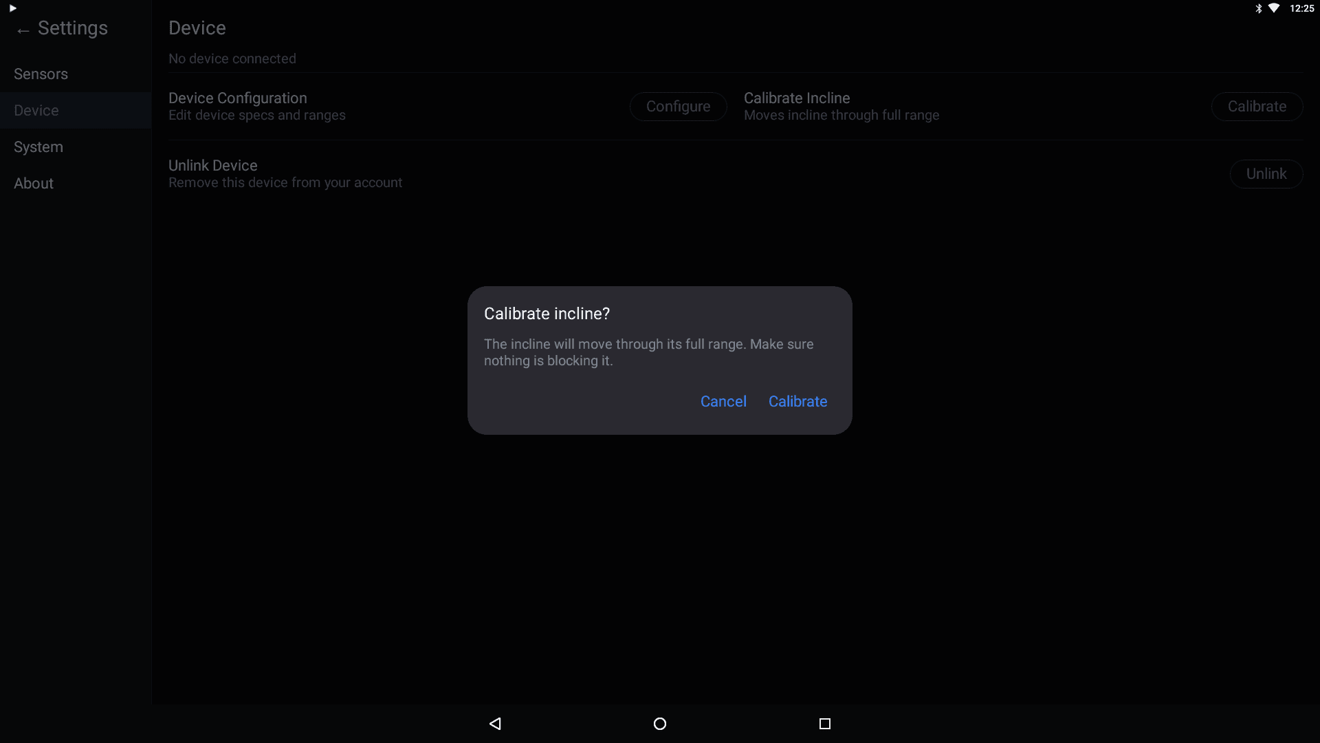 Calibrate incline confirmation